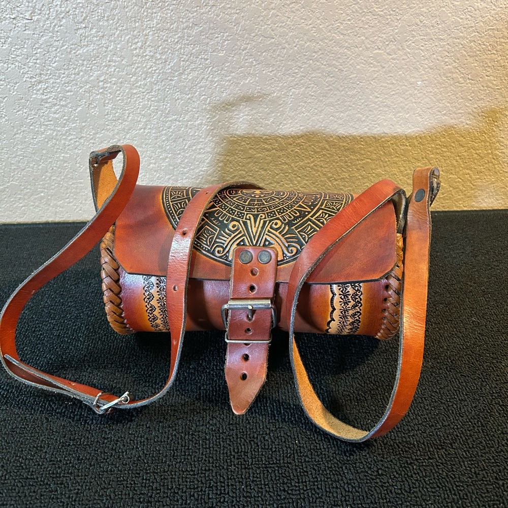Leather Cylindrical Crossbody Bag w/ Aztec Calendar Design. Two-tone Color
